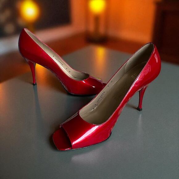 Stuart Weitzman Ruby Red Stiletto Heels Klinda Opentoe Patent Leather Sz 9 Woman - Picture 3 of 10
